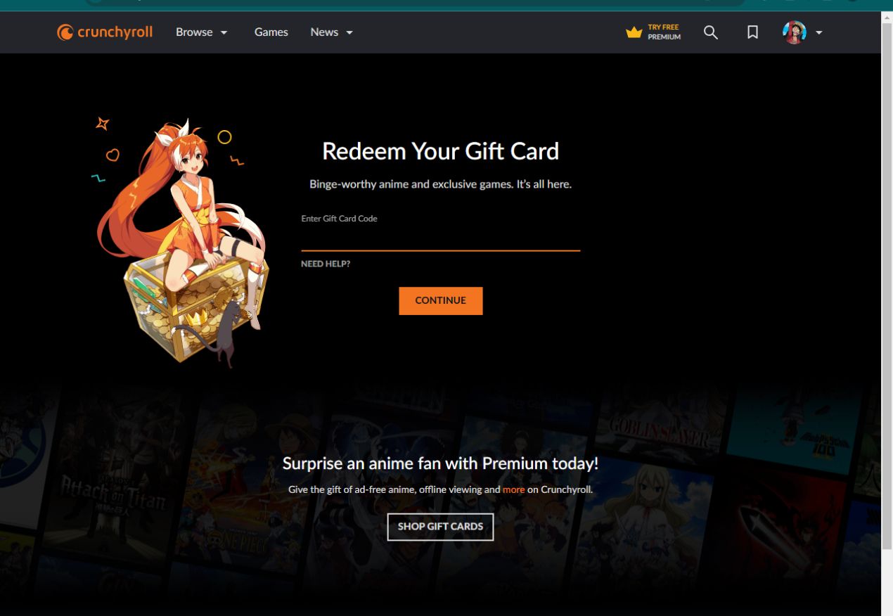 Enter the code of your Crunchyroll gift card